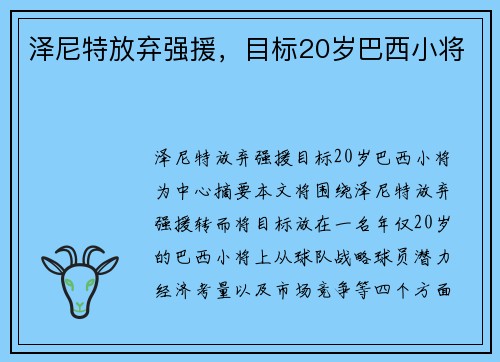 泽尼特放弃强援，目标20岁巴西小将